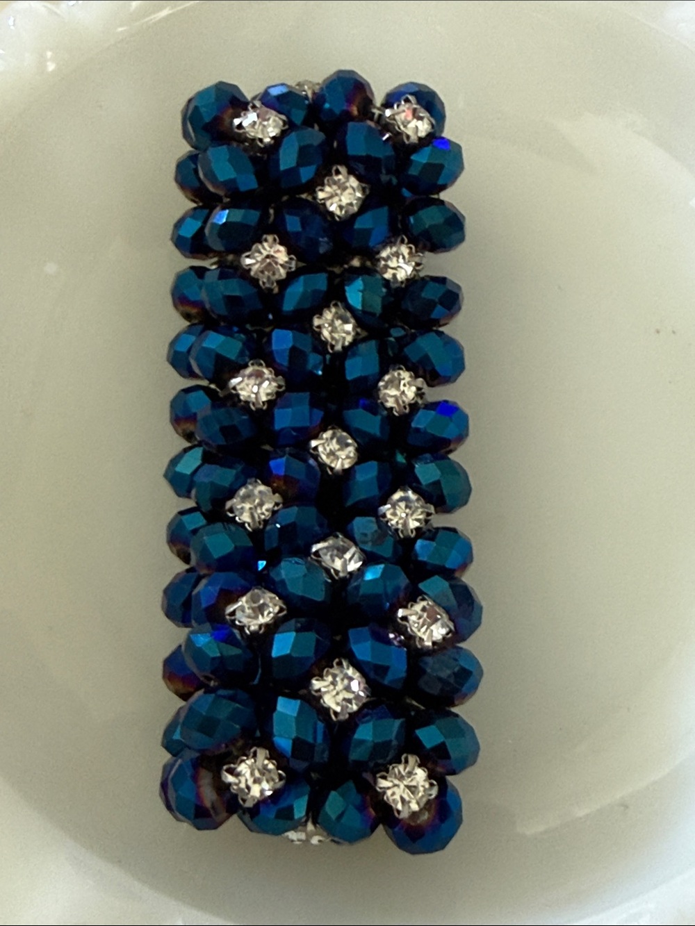 Vtg gorgeous Blue bead clear stretch prong set rhinestone Bracelet beautiful